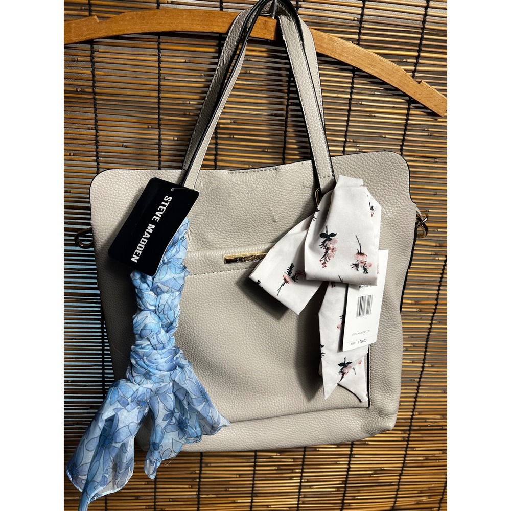 Steve Madden NWT  Mini Trevor Bisque Pebbled Tote Bag Scarf Pouch